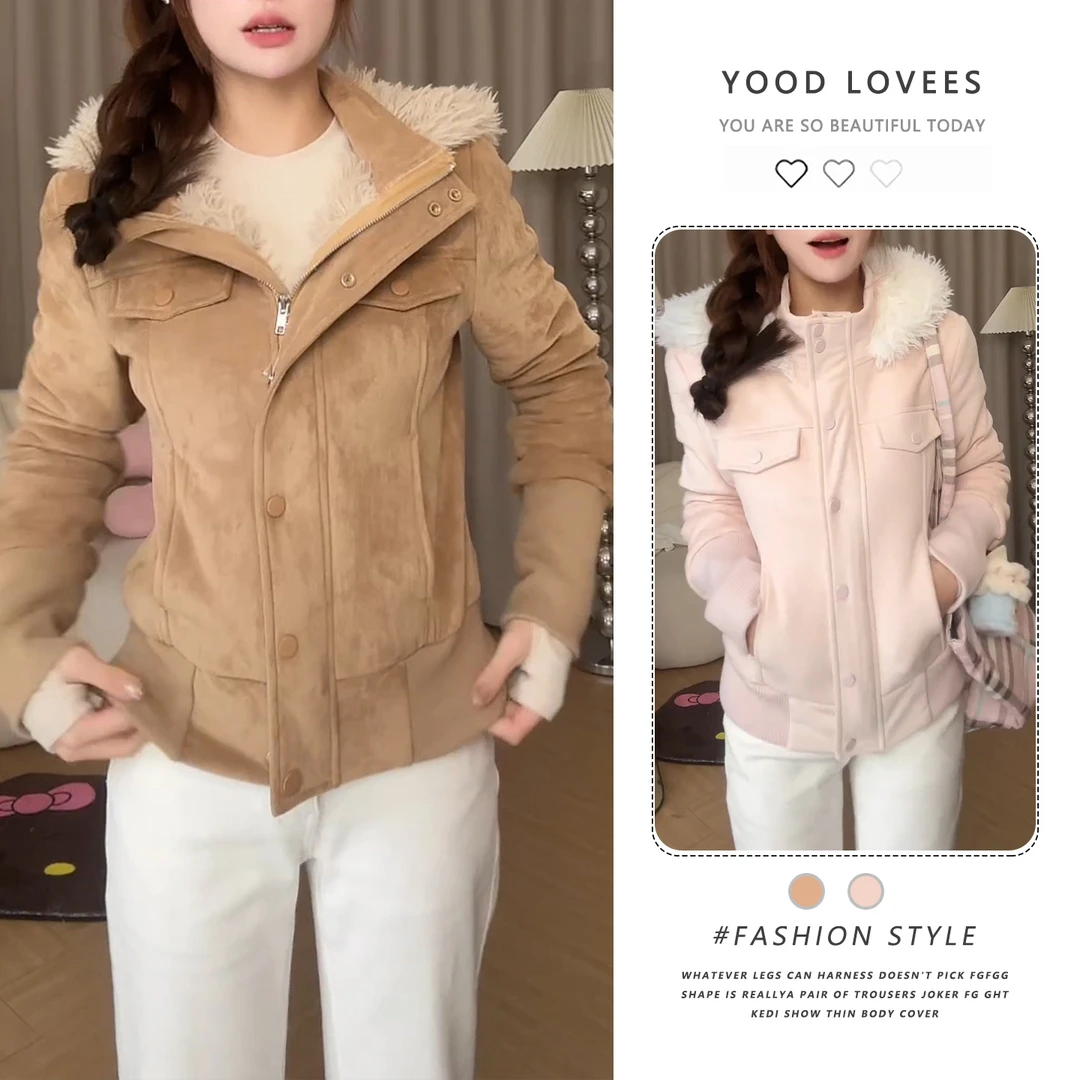 时尚洋气小个子长袖连帽毛毛外套2025秋冬新款保暖夹克法式上衣女