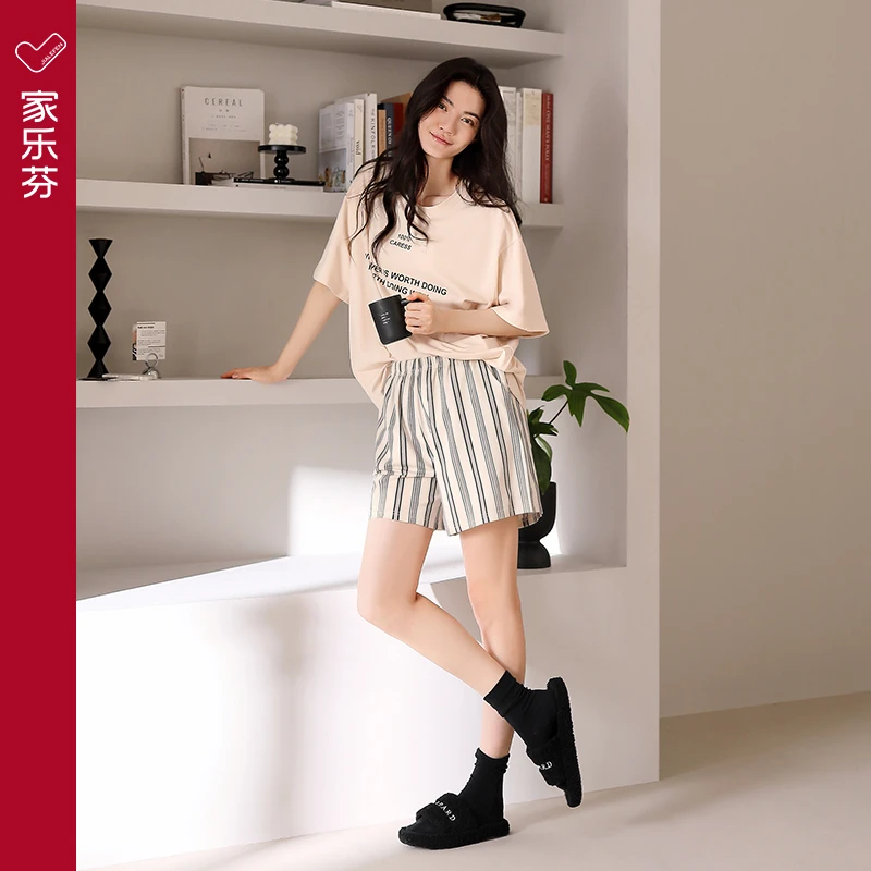 家乐芬睡衣女士夏季薄款莫代尔短袖短裤家居服冰丝大码套装可外穿