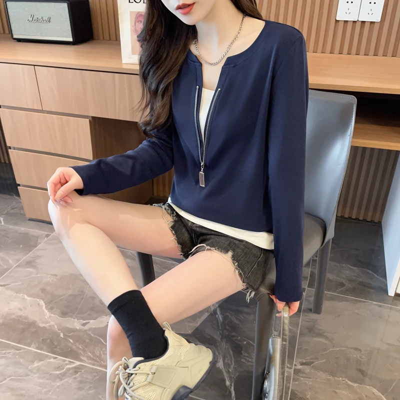 小众拉链半开领长袖T恤女2025早秋季韩版时尚减龄设计感网红上衣