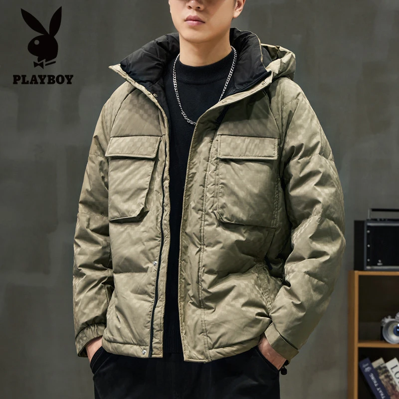 花花公子冬季工装风保暖防风休闲男士羽绒服连帽中长款羽绒服立领