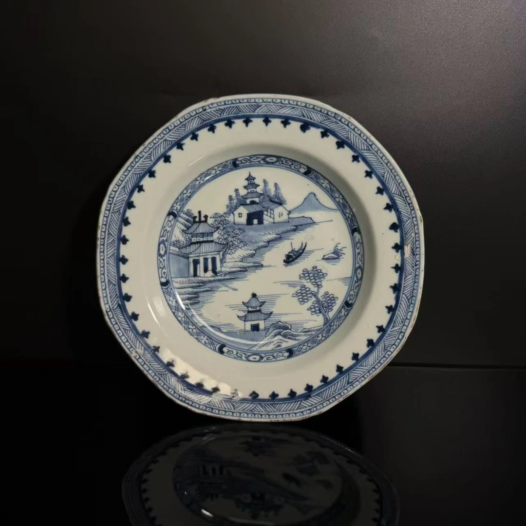 Lot3-清中期青花山水楼阁纹花口盘 长22.5cm-YC10290006501095