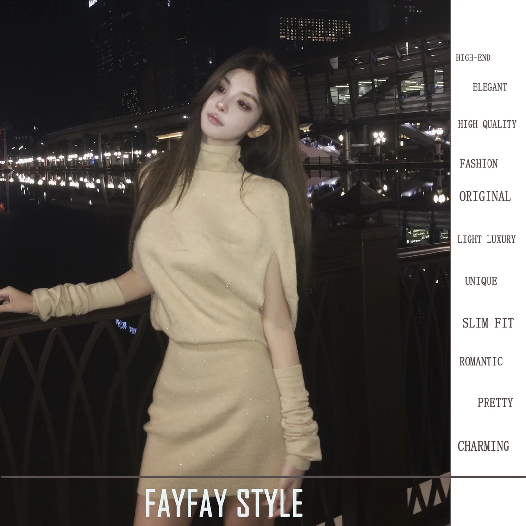 FAY【奶油可颂】慵懒斗篷型针织高领带袖套收腰包臀连衣裙