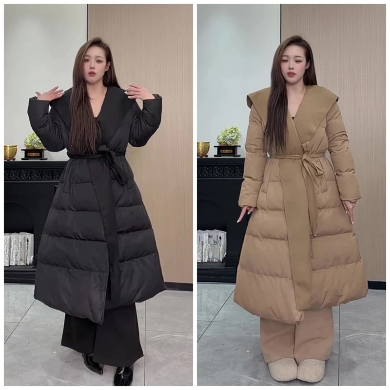 胖mm大码女装冬季时尚休闲遮肉显瘦大翻领收腰过膝长款棉服外套女