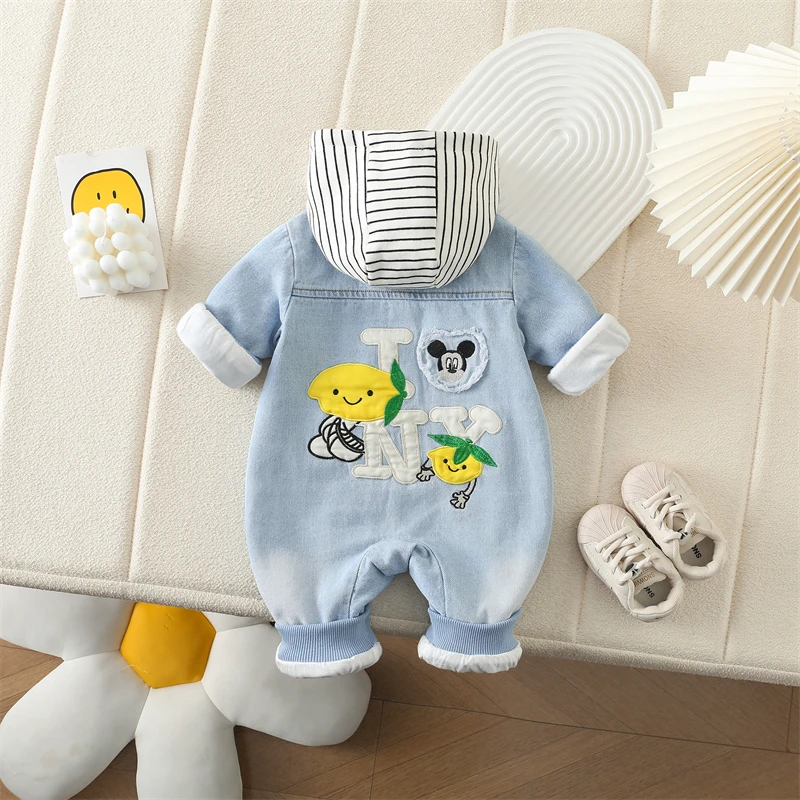 新生婴儿牛仔连体衣秋装套超洋气男女宝宝衣服春秋哈衣新生儿爬服