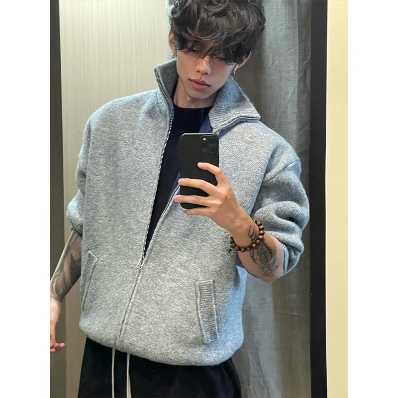 美式复古重磅立领灰色毛衣开衫男款慵懒高级感cleanfit针织衫外套