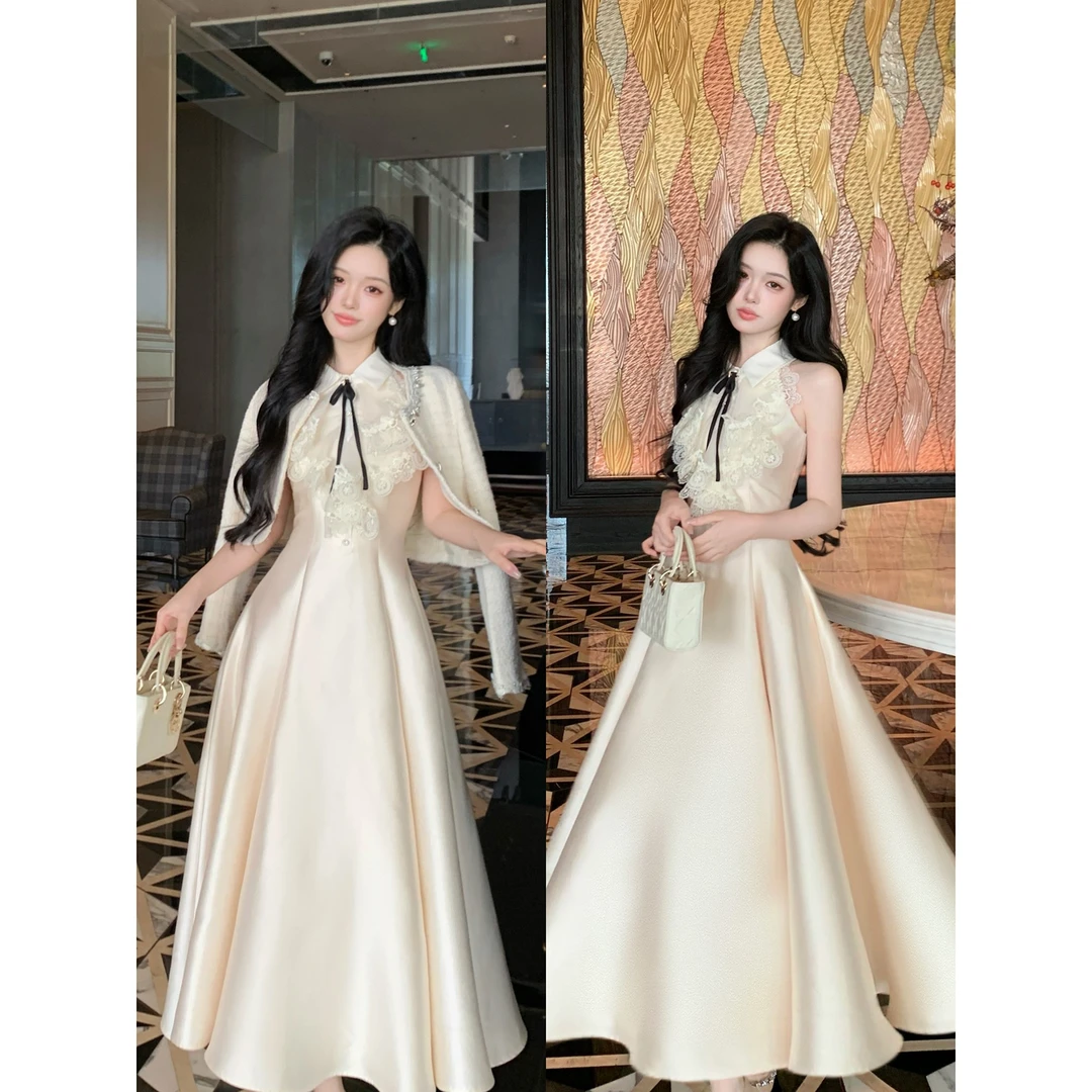 Blovelan【许我耀眼】香榭映雪 富家千金无袖翻领珠光高级感连衣裙