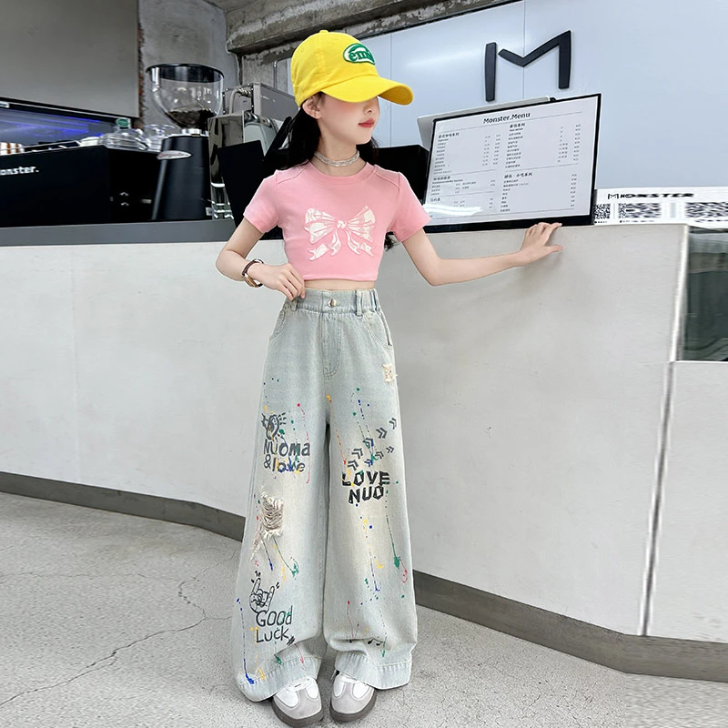 辣妹装女童夏装套装2025新款大童女孩洋气短袖夏季网红炸街牛仔裤