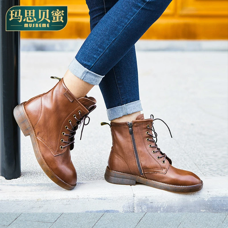 真皮短靴女2024新款低跟春秋单靴女中跟全牛皮中年妈妈鞋