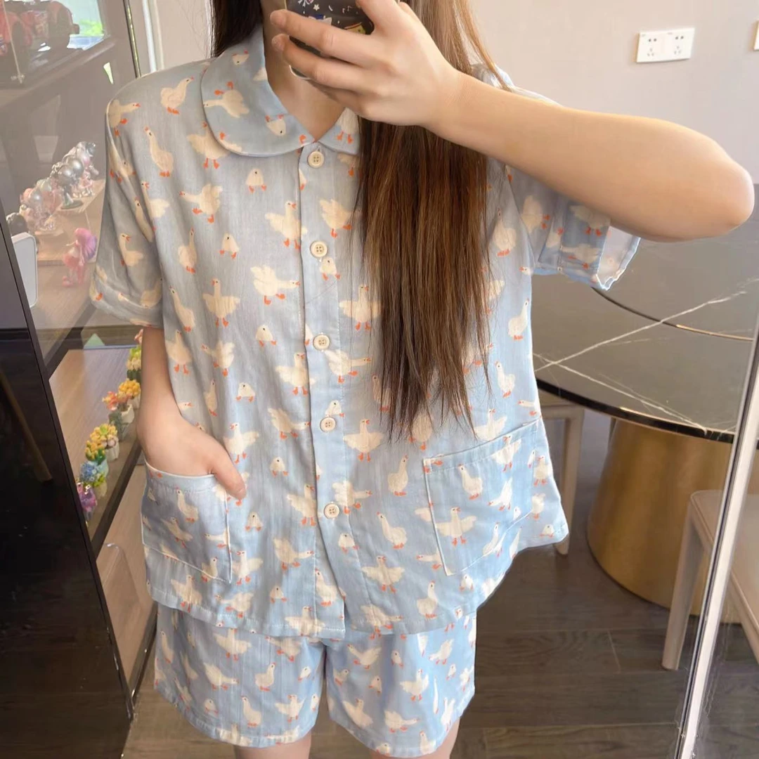 翻领短袖短裤【禾漾】2025ss春夏纯棉精梳棉双层纱睡衣居家服女舒适