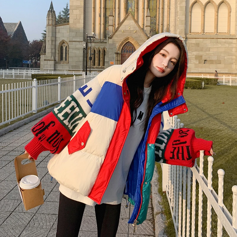 撞色拼接设计感白鸭绒外套女2025年冬季新款甜酷炸街连帽羽绒服