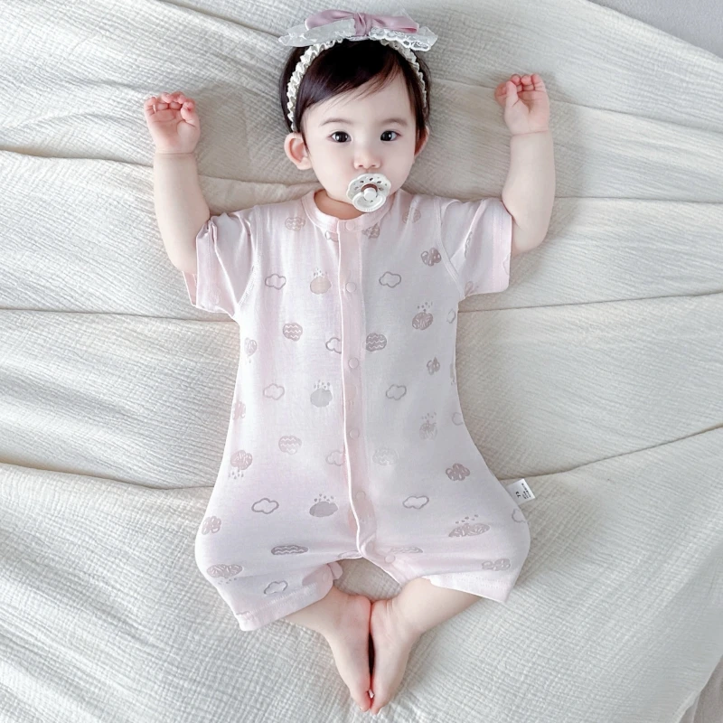 小月龄宝宝连体衣春夏季短袖超薄透气款空调服无骨超萌爬服哈衣