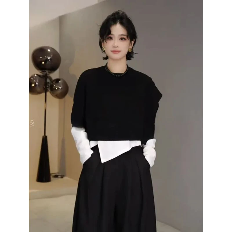 2025秋季时尚宽松圆领套头叠穿单袖披肩慵懒风穿搭针织上衣坎肩