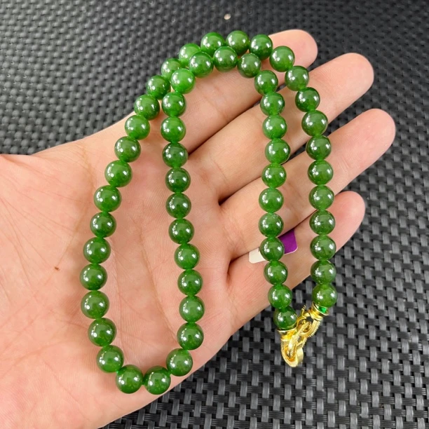 【无矿点菠菜绿约8MM】俄七老料碧玉约8mm56颗妈妈链项链