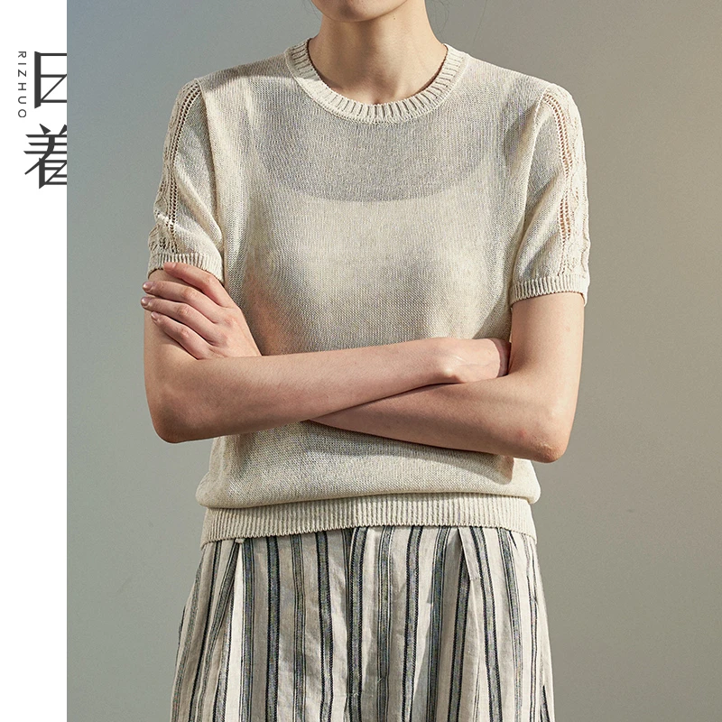 日着寻针织T恤女2025年新款秋季设计感圆领中袖毛衫上衣Z253073M0