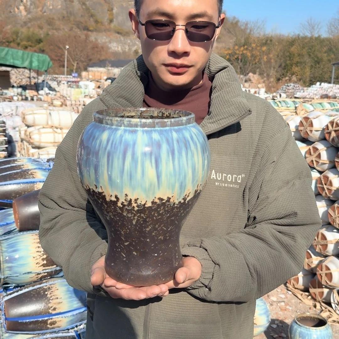 紫砂花盆口16高26（一个美人鱼蓝色柴烧