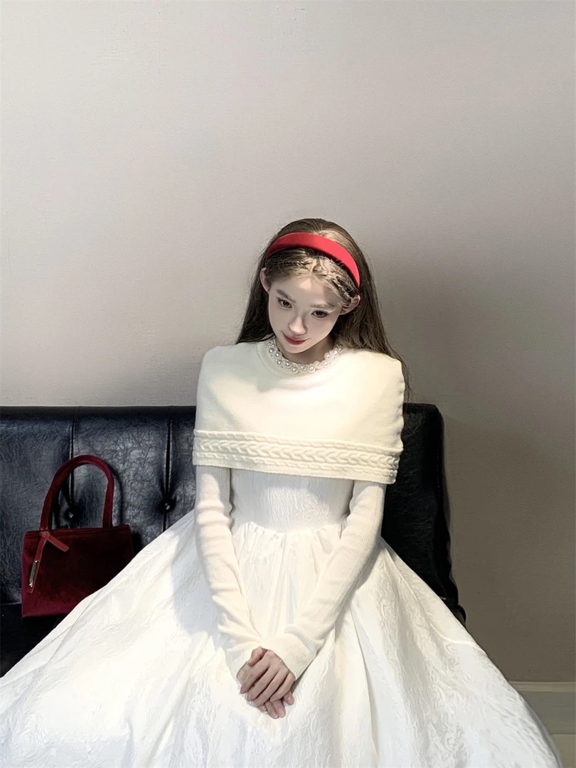 法式千金重工设计感针织披肩+长袖礼服连衣裙秋冬季新款两件套女