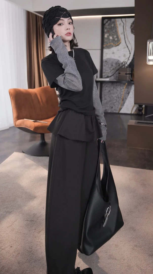 BANINGNA-2025欧货小众设计款正肩修身拼接假两件长袖T恤08812