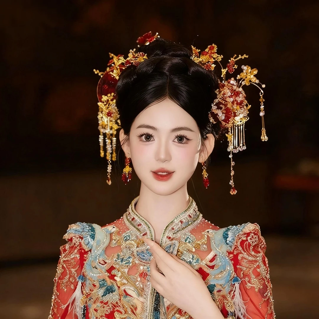 D27喜看新款红金色新中式秀禾新娘头饰