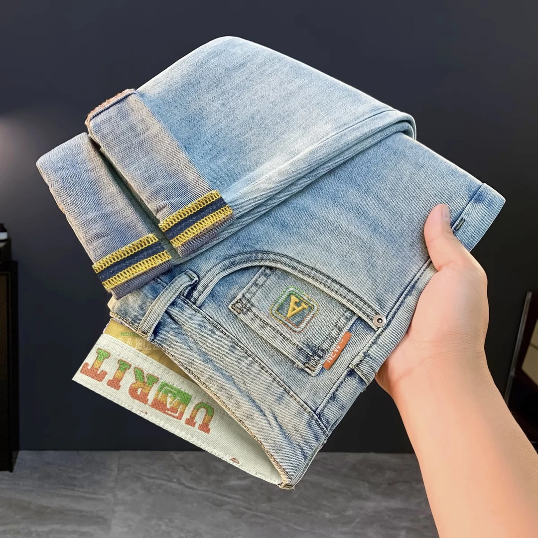 【夏季特惠】高档弹力水洗浅蓝牛仔裤男款宽松小直筒百搭薄款长裤子