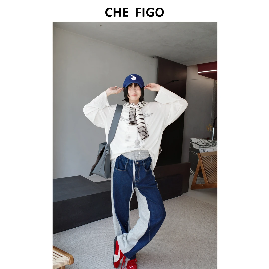 CHEFLGO牛仔针织拼接裤