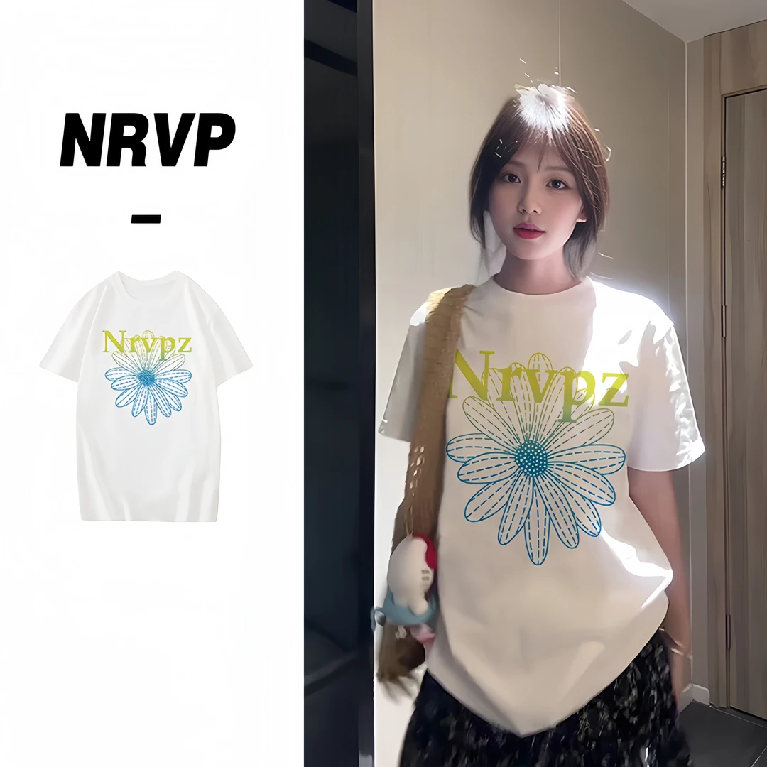 纯棉百搭短袖t恤女慵懒风渐变花瓣高级感大码女装夏秋上衣