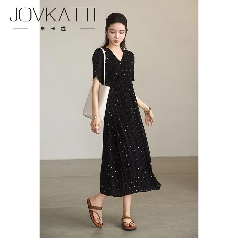 Jovkatti时尚波点百褶黑色连衣裙女2025年春夏新款大码气质长裙