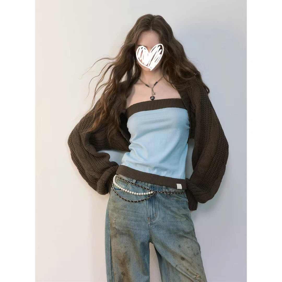 【旧书脊色】美式辣妹简约拼接撞色抹胸~坎肩外套针织两件套H733