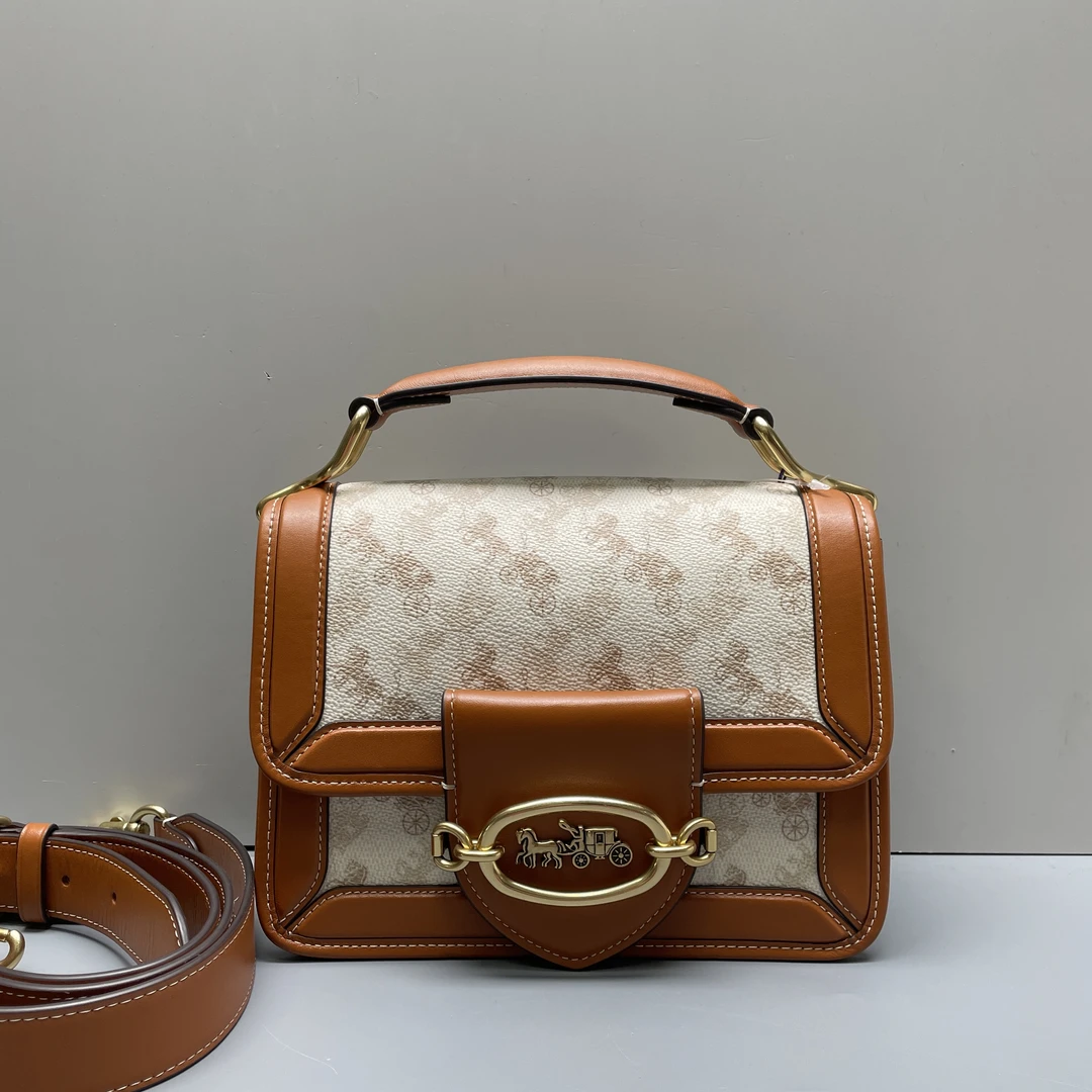 95新 COACH/蔻驰 hero22棕拼白马车手提包22*16*9cmHC010408