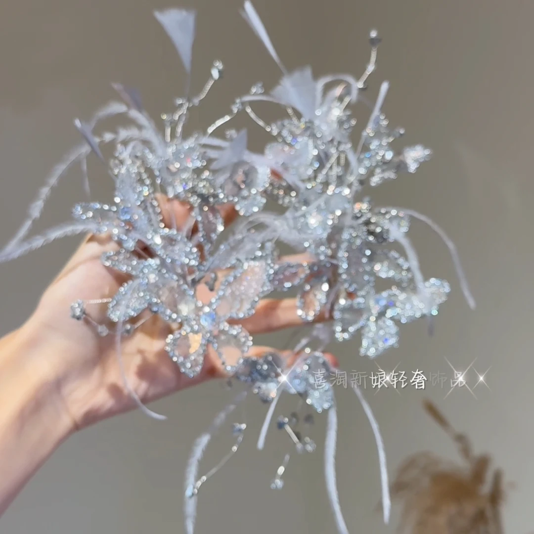 T7085手工蓝色羽毛轻奢仙女发饰高定气质边夹