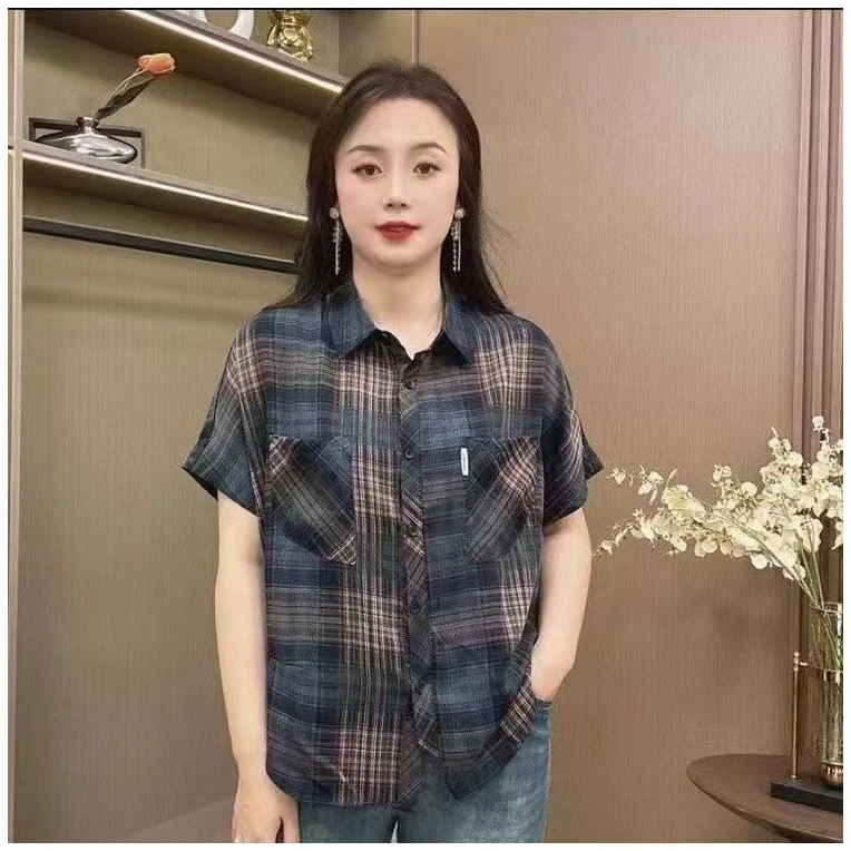 衬衫2024新款洋气女士格子显瘦小衫凉爽短袖中年妈妈简约时尚衬衫