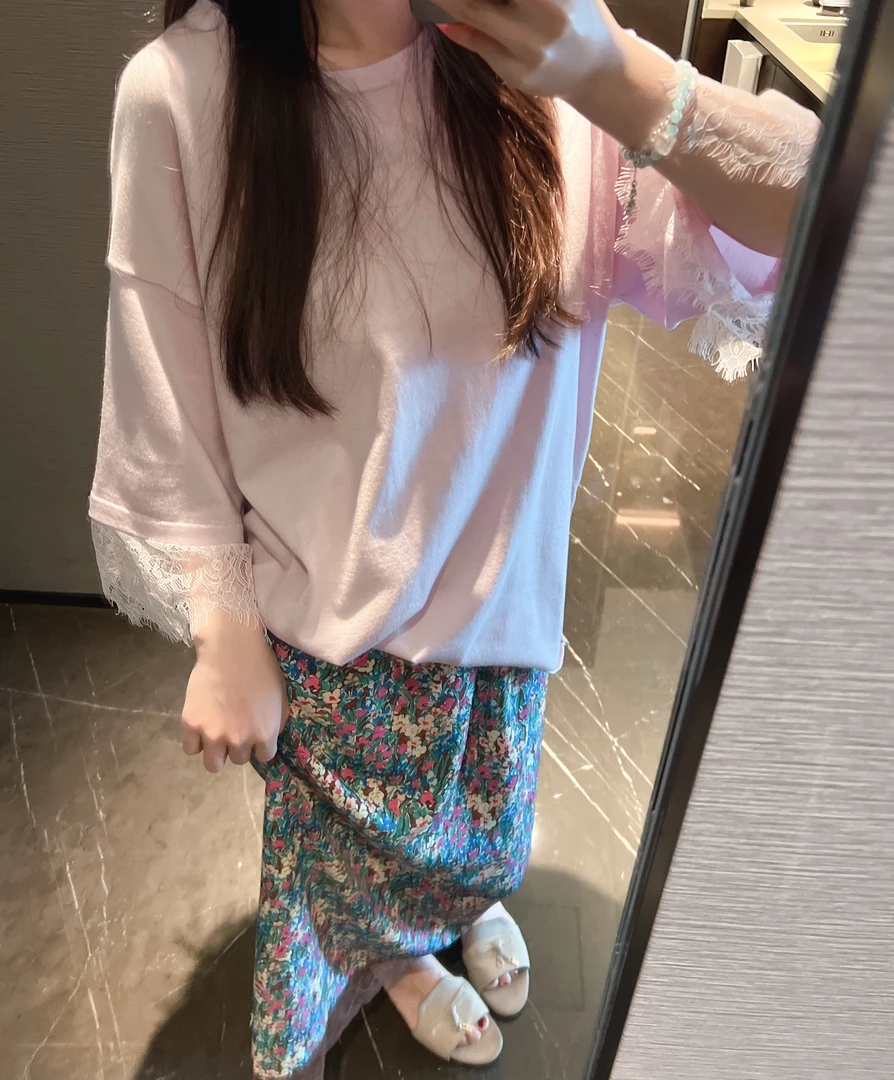 xxxwxz王希之  设计师款蕾丝袖宽松针织T恤#z2264