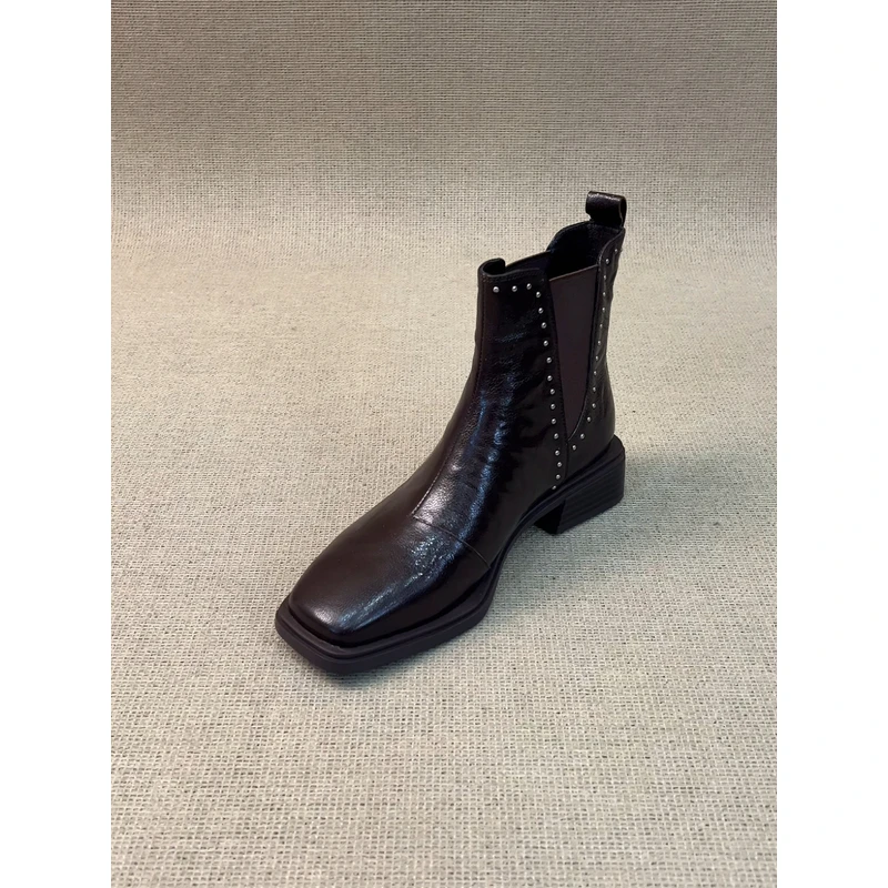 NNMISS·34-39/4cm方头粗跟文艺复古羊皮拼接铆钉短筒通勤切尔西靴