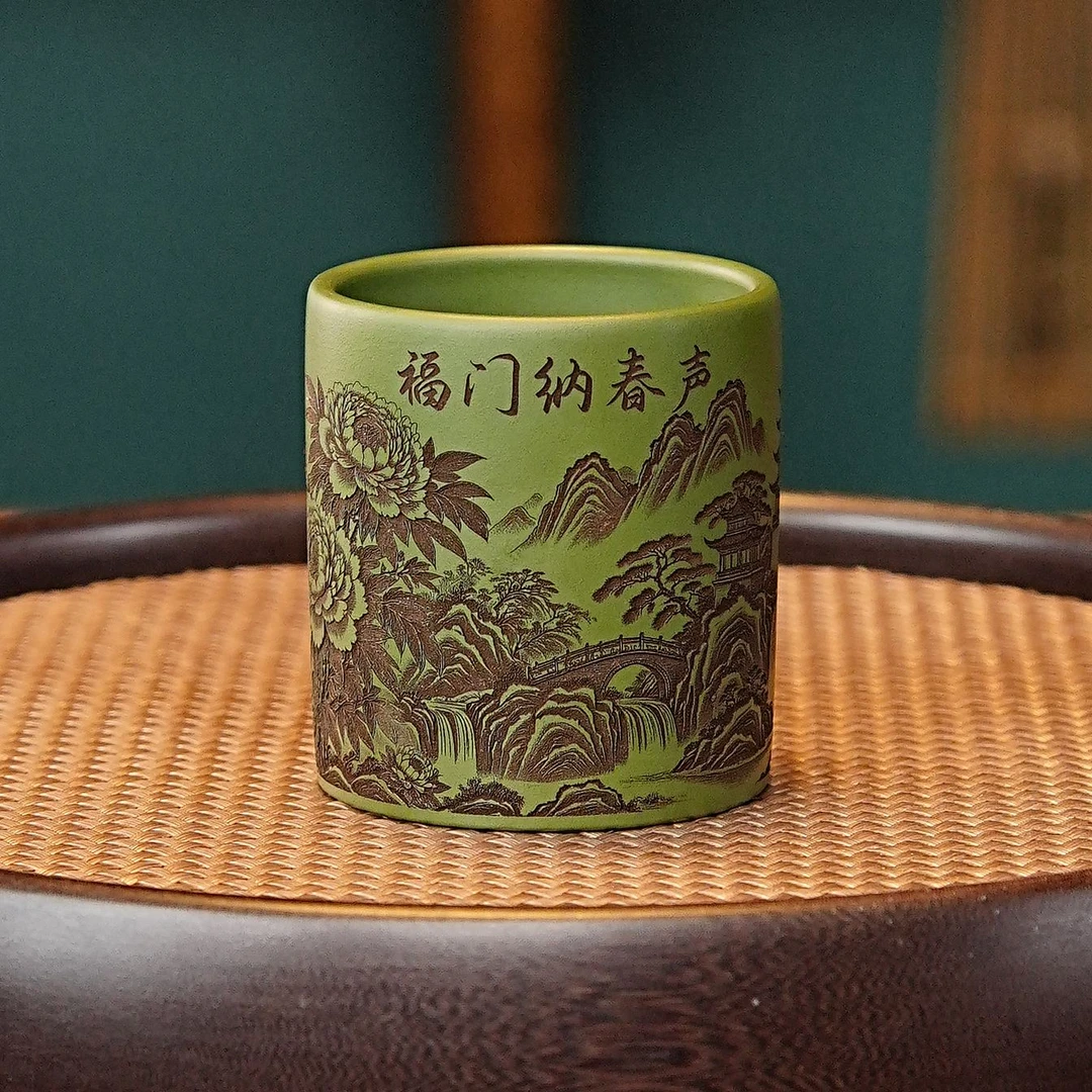 宜兴全手工紫砂茶具 原矿绿泥泥料刻绘福门纳春声主人杯品茗杯