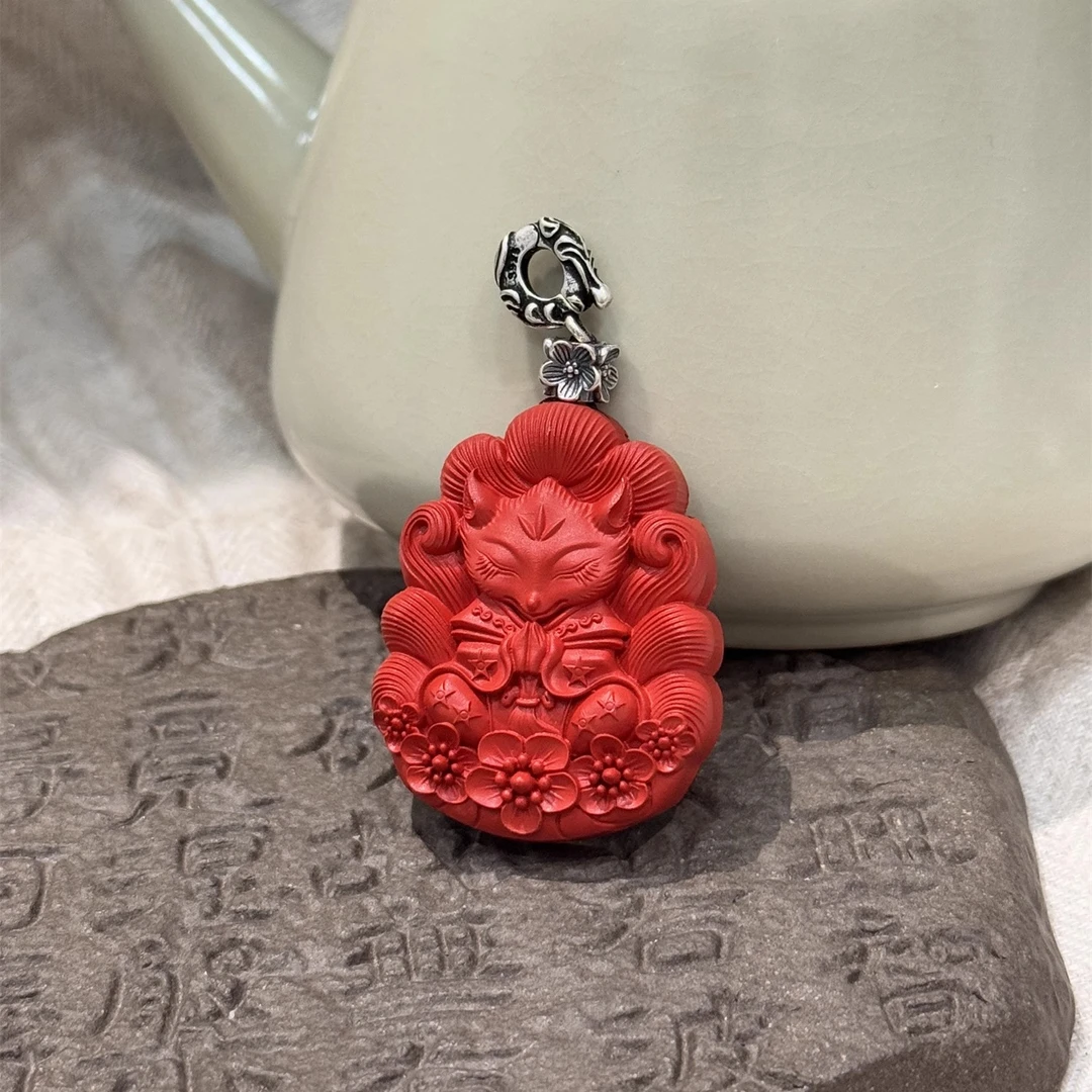 吊坠925银 M8136 红色雕刻九尾小灵狐花朵狐狸银坠吊坠新中式国风
