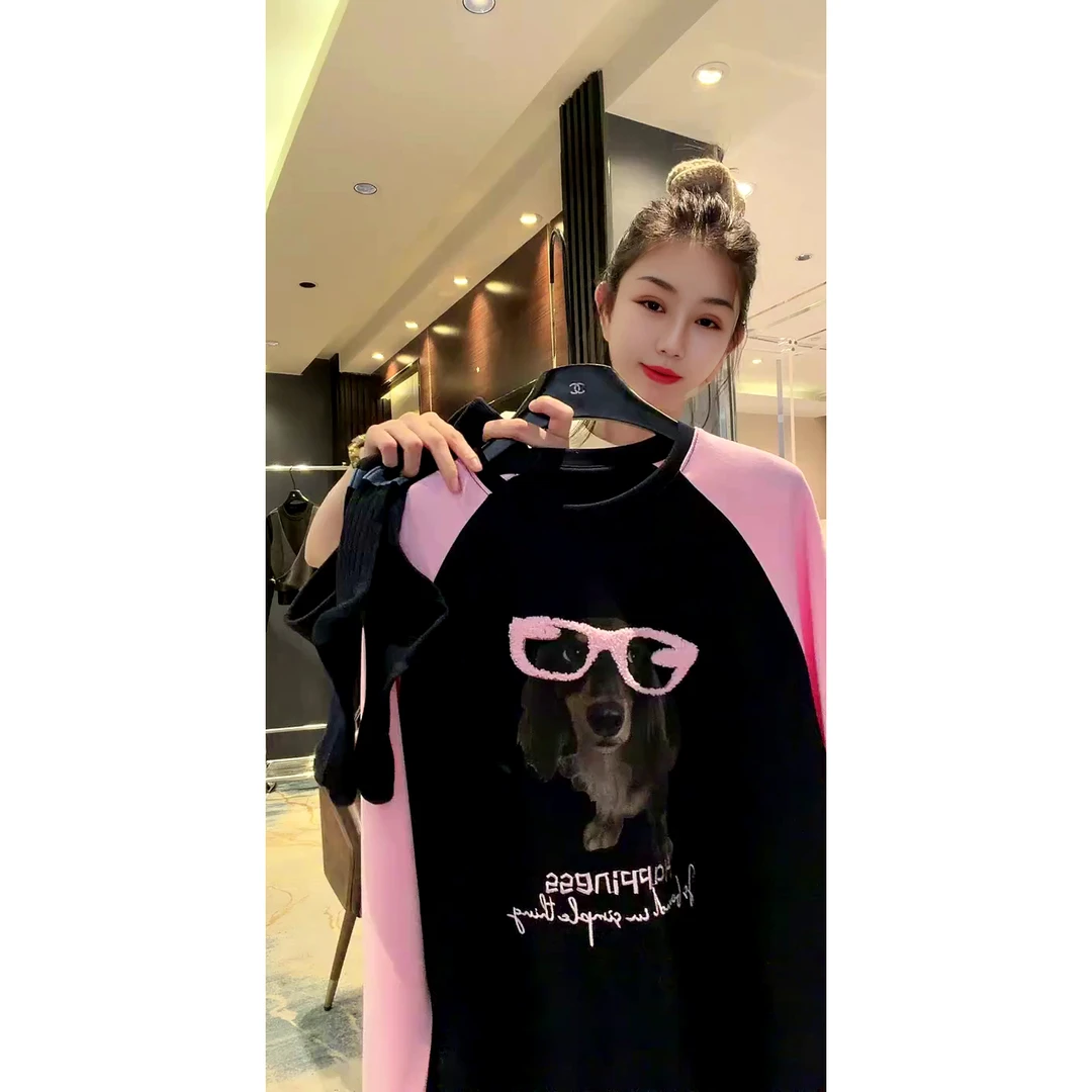 眼镜小狗彩袖插肩圆领大衫卫衣欧货新款2025年减龄设计感彩色袖衫