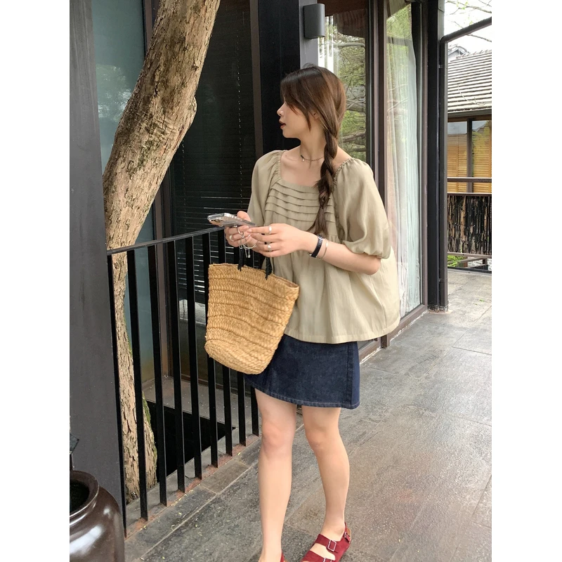 【ALINDM年中大清仓】胖mm法式泡泡袖上衣显瘦200斤短袖衬衫AS24874