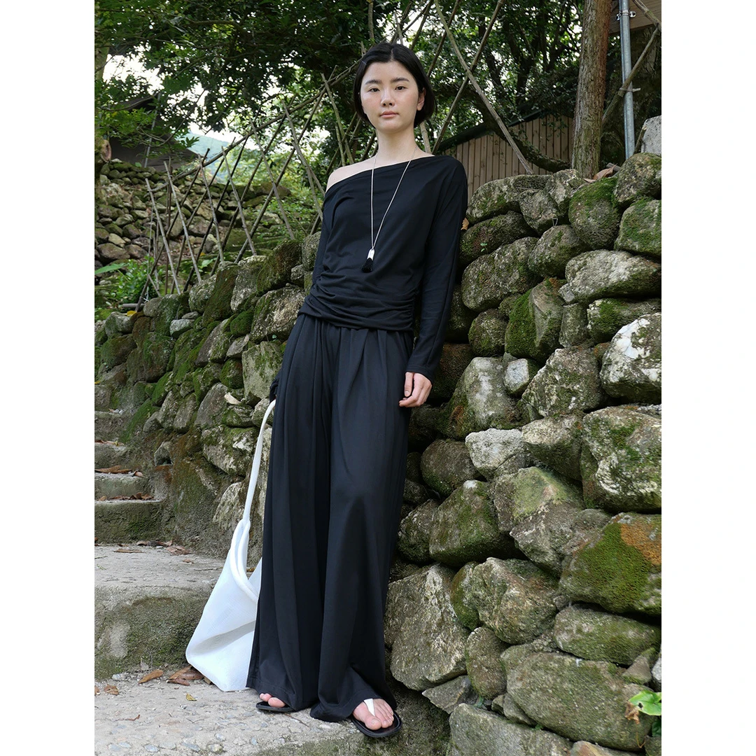 显瘦穿搭T恤+休闲裤套装一字肩蝙蝠袖气质上衣【娜家衣柜】阔腿