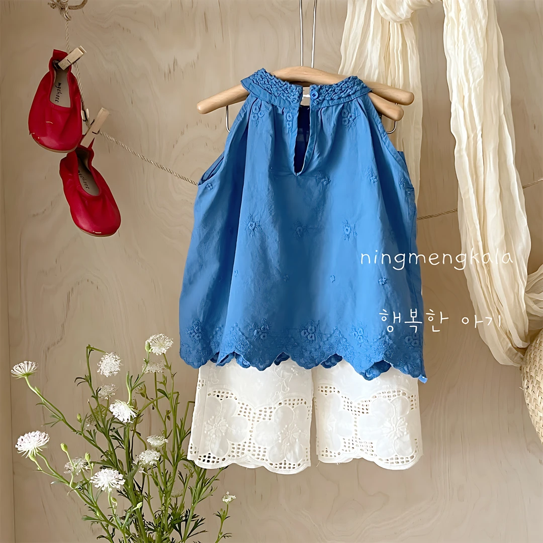 女童夏季无袖洋气宝宝挂脖背心上衣儿童韩版女童夏装套装阔腿裤