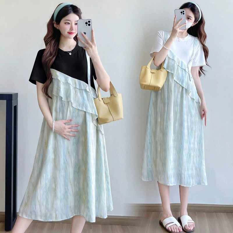 0514#孕妇拼接晕染连衣裙