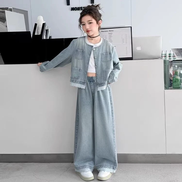 女童套装2025新款儿童洋气韩版牛仔上衣女孩春秋阔腿裤女大童春装