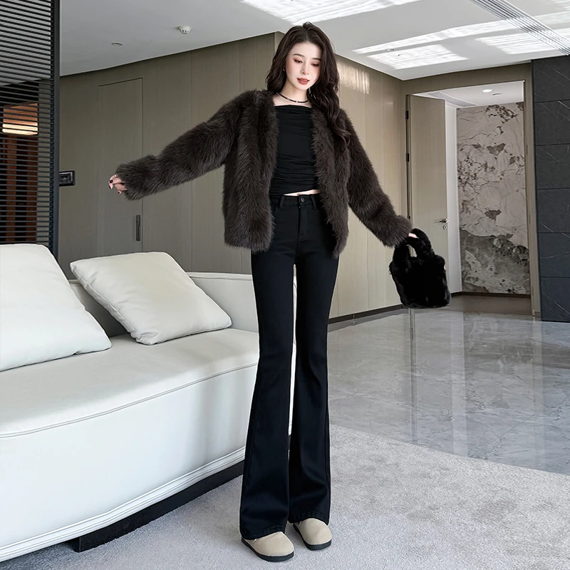 黑色高腰弹力微喇牛仔裤女2025年早春款小个子修身显瘦百搭喇叭裤