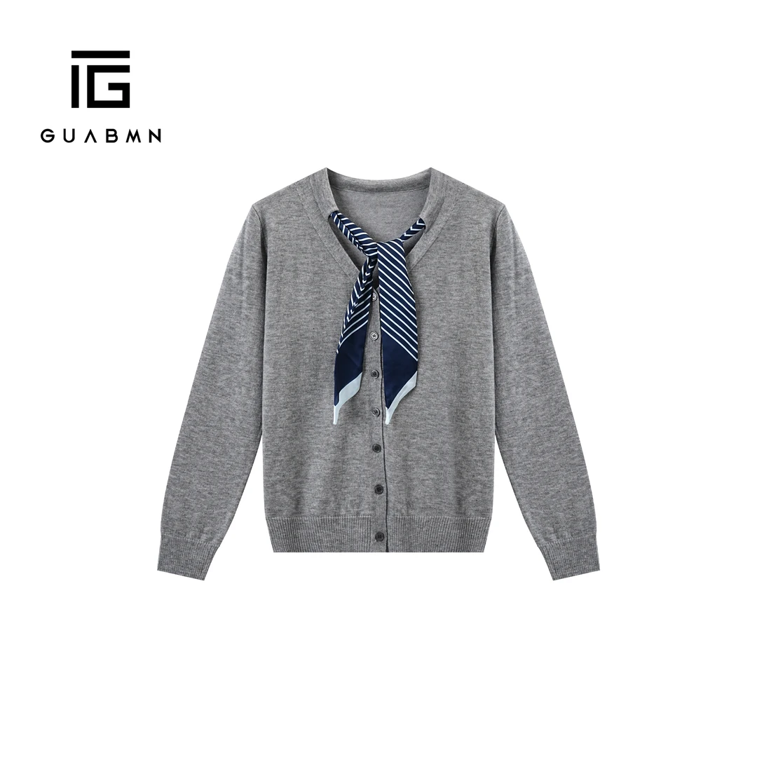 GUABMN2025秋季新品丝巾V领针织毛衣开衫外套感长袖上衣5643