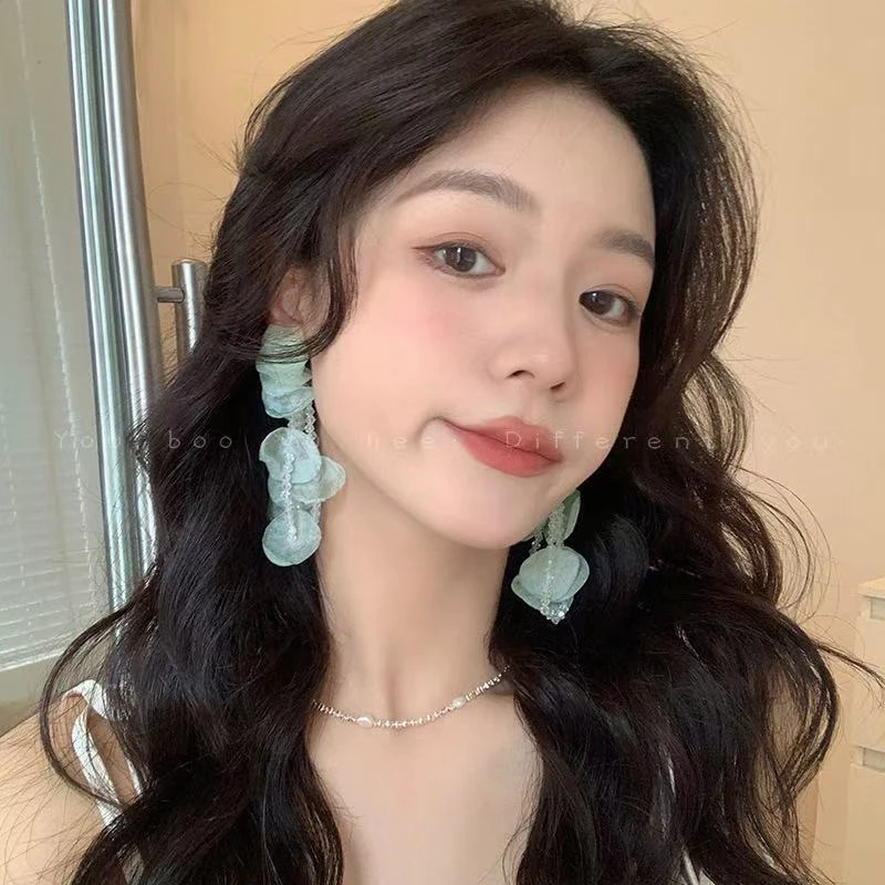 铜合金耳饰 薄荷绿海边度假风花朵流苏耳钉女独特设计夸张欧根纱