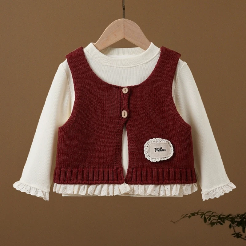 女童2025新款针织开衫背心坎肩秋季秋装洋气花边拼接爆款百搭外穿