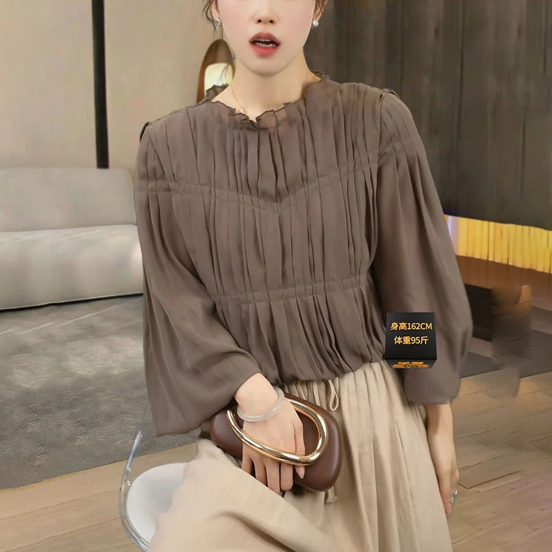 法式慵懒风纯色圆领薄款长袖衬衫设计感褶皱遮肉显瘦百搭套头上衣