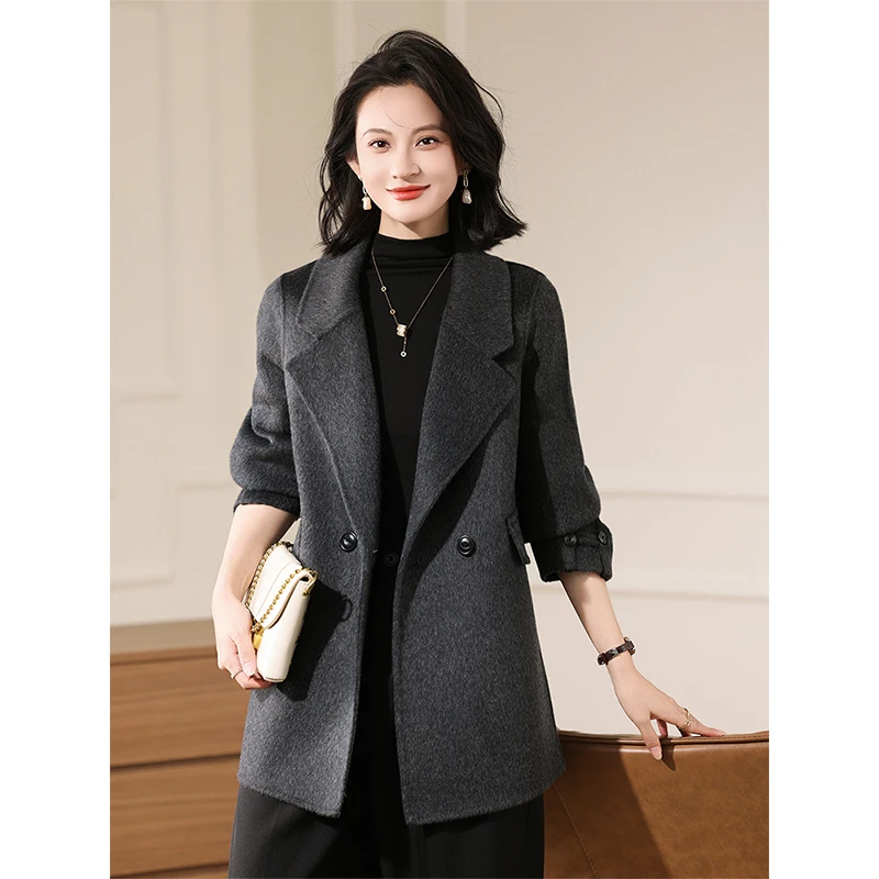 气质设计师款短款毛呢外套女秋冬季西装领洋气小个子双面毛呢大衣