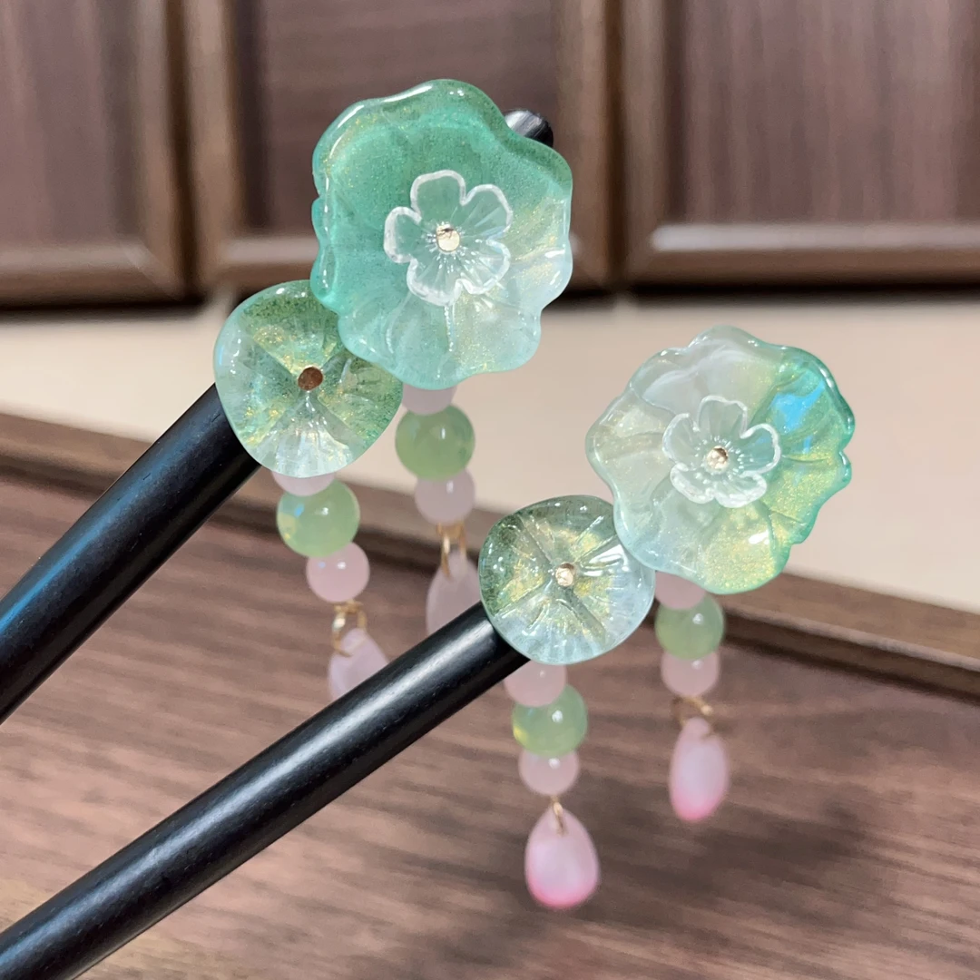 054（15-18厘米）紫光檀木簪原创发饰荷叶日常盘发头饰流苏旗袍配饰