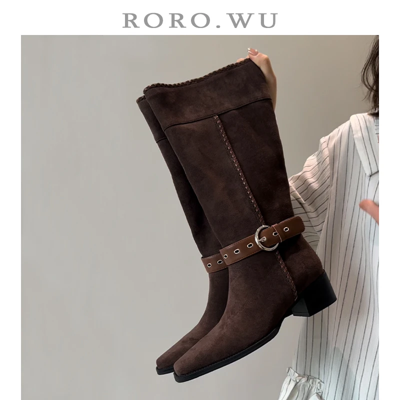娆娆吴绒古复古英伦风方头厚底西部靴秋冬新款粗跟长筒靴女Z50
