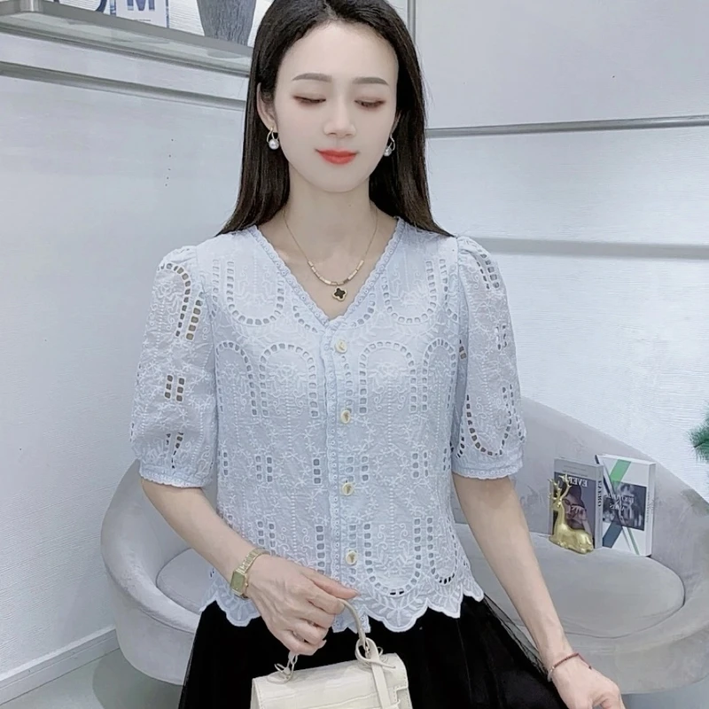 A8187法式V领短袖衬衫百搭洋气减龄时尚气质显瘦上衣