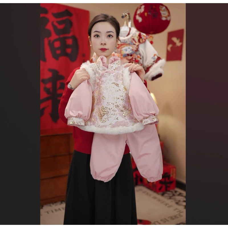 【陌未央】女童古风中国风加绒汉元素绣花冬季拜年服加厚中式儿童